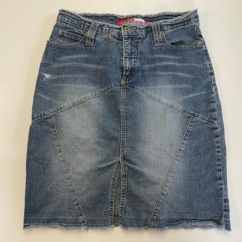 Y2K Vintage Lazer Jeans Denim Patchwork Slit Mini Skirt Size 7